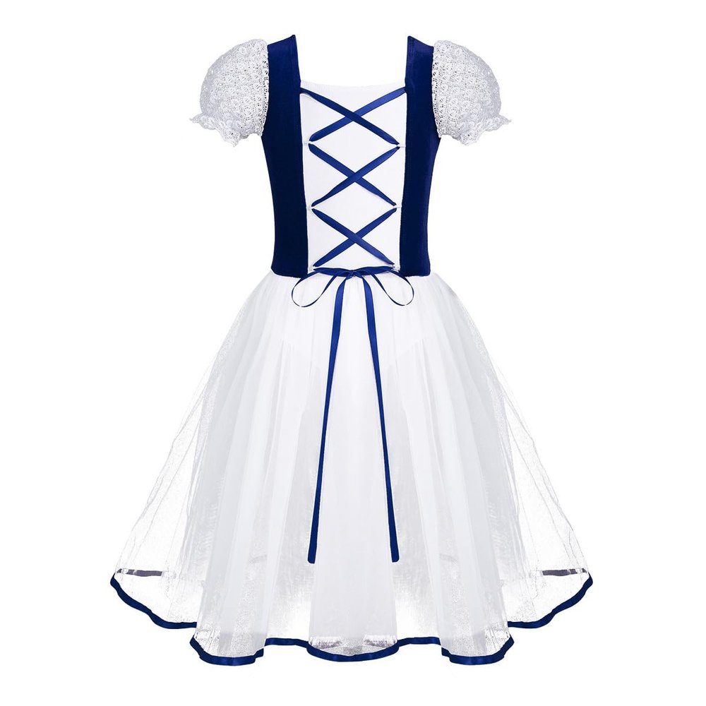 renvena Kids Girls Ballet Gymnastics Dress Soft Velvet Short Sleeve Ribbon Hem Mesh Skirt Pageant Ball Gown Navy Blue 9-10 Years