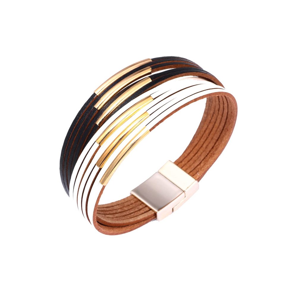 COLORFUL BLING Handmade Multi-Layer Leather Bracelet Braided Metal Stackable Cuff Bangle for Women Layered Wristband Armband Jewelry-black white