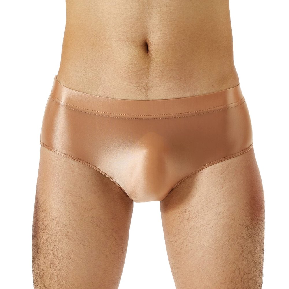 Daenrui Men Shiny Oil Silk Low Rise Pouch Underwear Elastic Bikini Briefs Swimwear Underpants Panties Coffee Medium