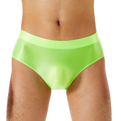 Daenrui Men Shiny Oil Silk Low Rise Pouch Underwear Elastic Bikini Briefs Swimwear Underpants Panties Fluorescent Green Medium