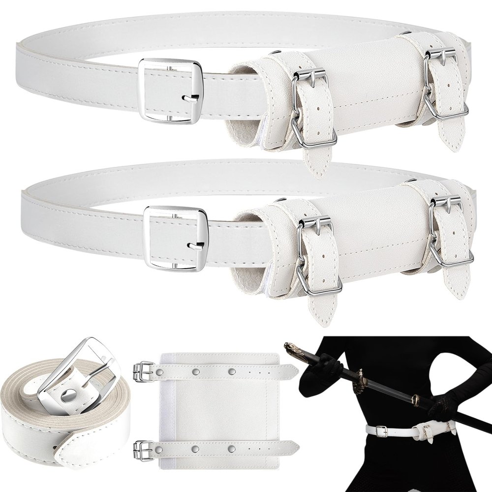 Jecery 2 Pcs Katana Sword Holder Leather Halloween Sheath Scabbard Belt Adjustable Holster Belt Two Buckle Sword Leather(White)