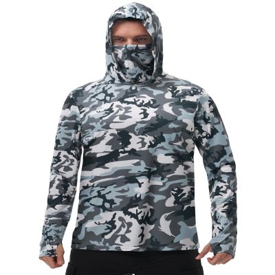 FISHEAL SPF 50 UV Sun Protection Long Sleeve Shirt with Face Mask Fishing Hooded Shirts for Men Thumb Holes Steel Gray