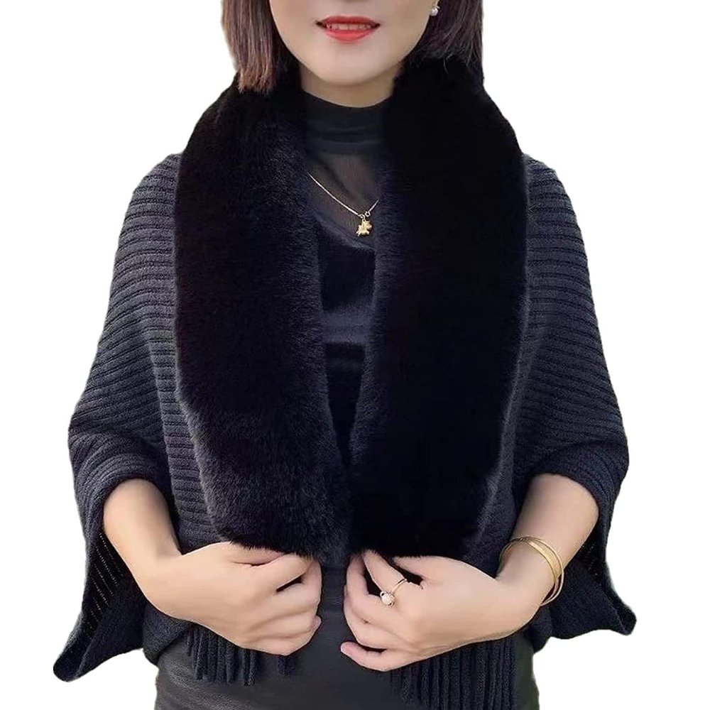 Duirubeo Ladies Knitted Loose Thickened Shawl Coat, Softies Fur Shawls and Wraps for Weddings Evening Dresses, Faux Fur Shawl Cape (C - Black)