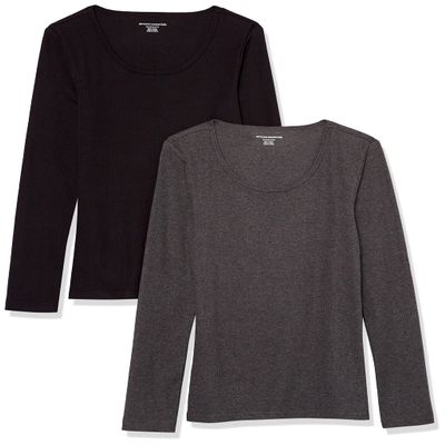 Amazon Essentials Sweater for Women, Long Sleeve Slim-Fit Rib Scoop Neck (Available in Plus Size), Pack of 2, Black/Charcoal Heather, Medium