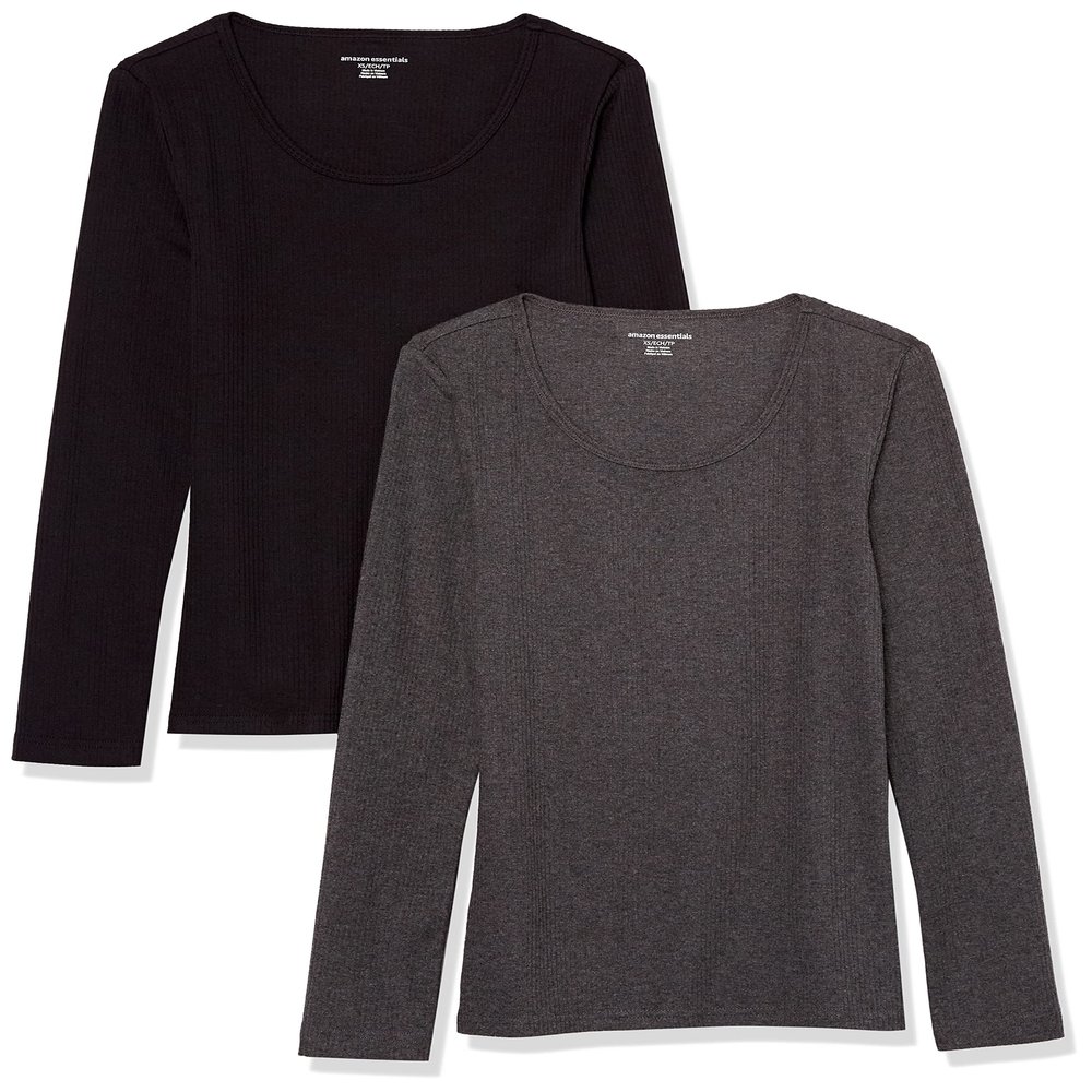 Amazon Essentials Sweater for Women, Long Sleeve Slim-Fit Rib Scoop Neck (Available in Plus Size), Pack of 2, Black/Charcoal Heather, Medium