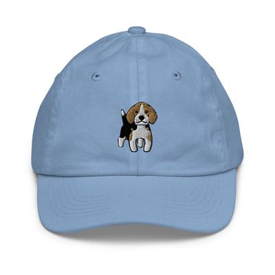 Beagle hat for Kids, Beagle Puppy Embroidered Youth Cap, Cartoon Beagle Cap for Kids, 2 to 10 Year Old Adjustable. Baby Blue