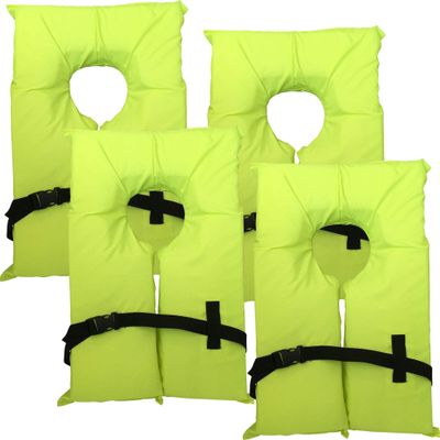4 Pack Coast Guard Approved Life Jackets for Adults. High Visibility Color Type II Keyhole Life Vest in Classic May West Style. Compliance Flotation Device Adult Neon Yellow