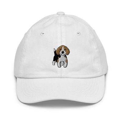Beagle hat for Kids, Beagle Puppy Embroidered Youth Cap, Cartoon Beagle Cap for Kids, 2 to 10 Year Old Adjustable. White