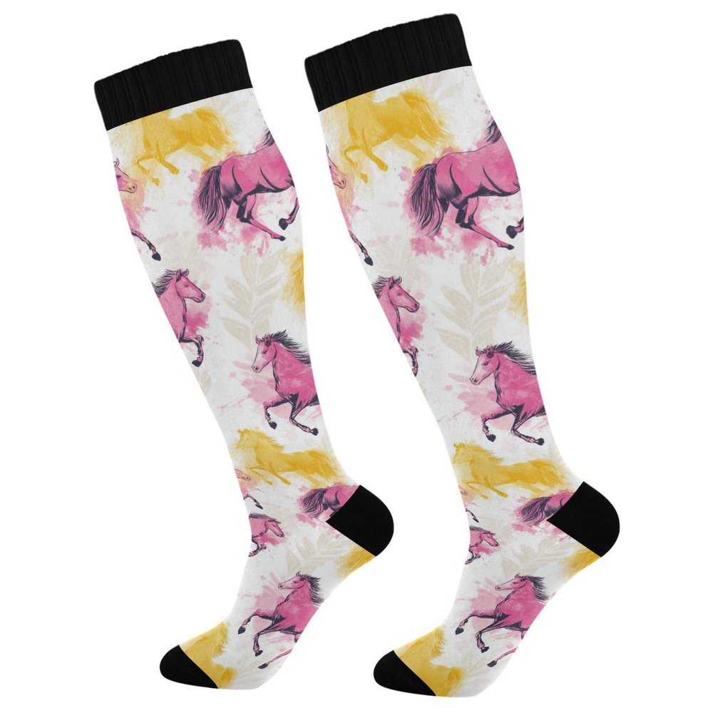 Wusikd Horse Compression Socks for Women and Men Circulation Pink Long Socks for Athletic Running 1
