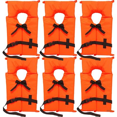 6 Pack Coast Guard Approved Life Jackets. High Visibility Color Type II Keyhole Life Vest in Classic May West Style. Compliance Flotation Device Youth Neon Orange