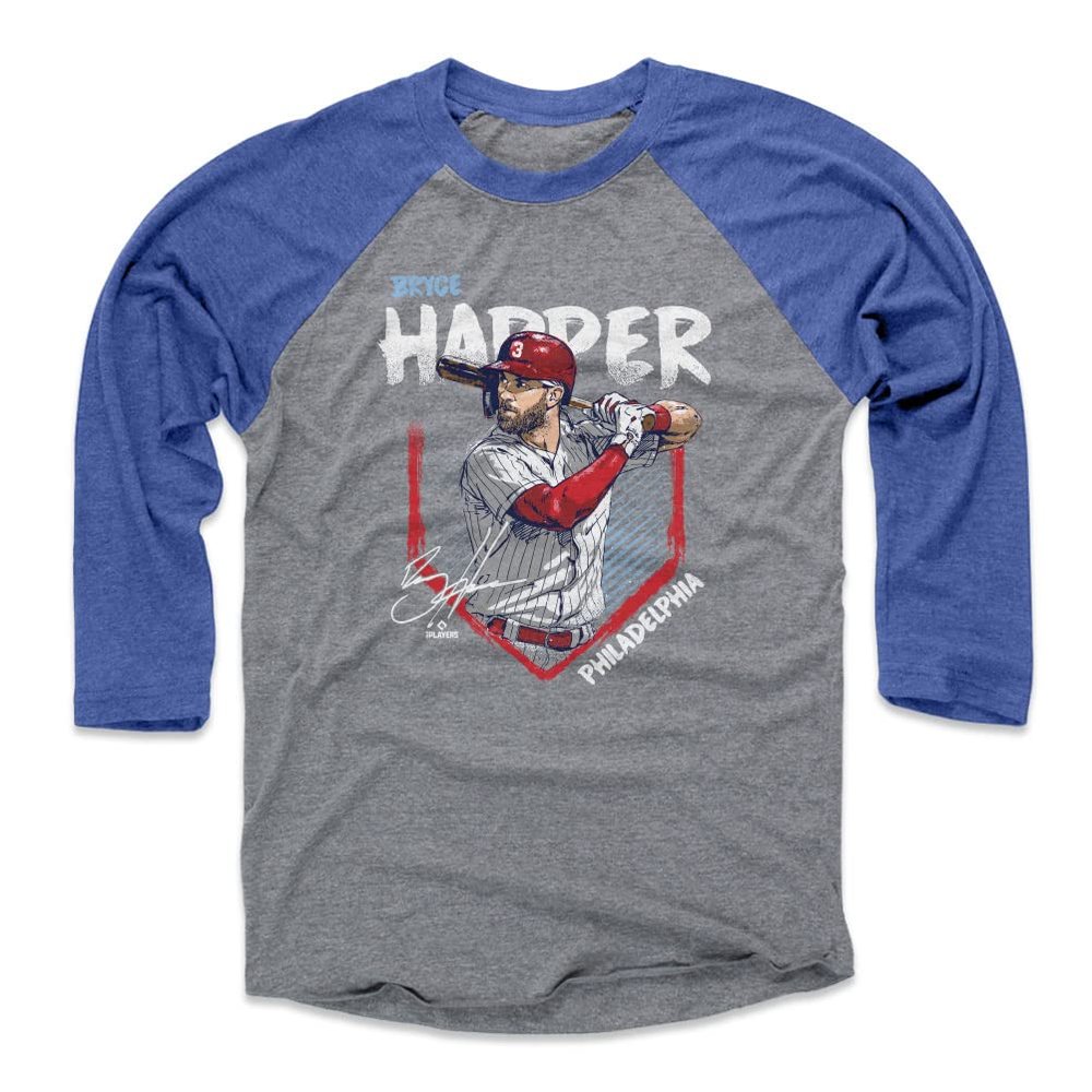 500 LEVEL Bryce Harper 3/4 Sleeve T-Shirt (Baseball Tee, XXX-Large, Royal/Heather Gray) - Bryce Harper Philadelphia Base WHT