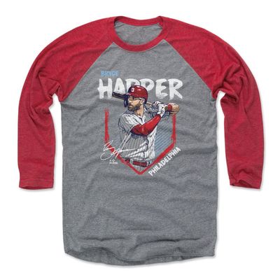 500 LEVEL Bryce Harper 3/4 Sleeve T-Shirt (Baseball Tee, XXX-Large, Red/Heather Gray) - Bryce Harper Philadelphia Base WHT