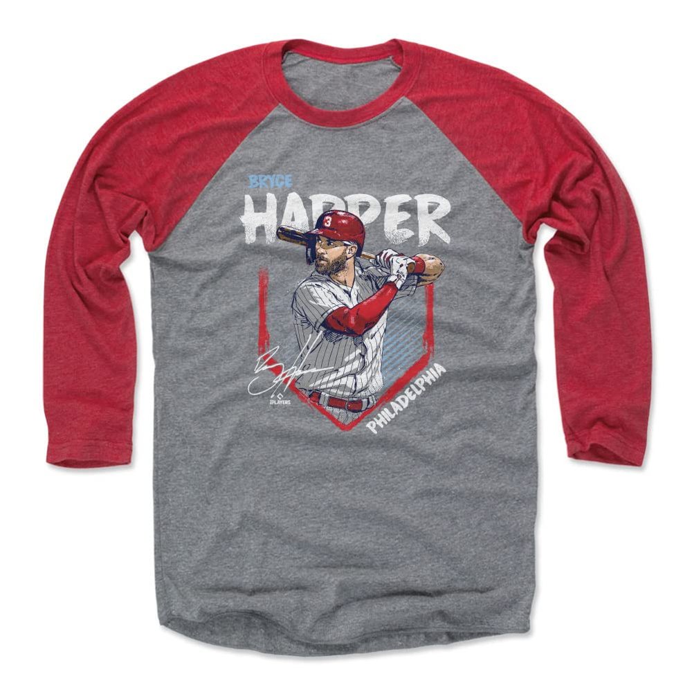 500 LEVEL Bryce Harper 3/4 Sleeve T-Shirt (Baseball Tee, XXX-Large, Red/Heather Gray) - Bryce Harper Philadelphia Base WHT