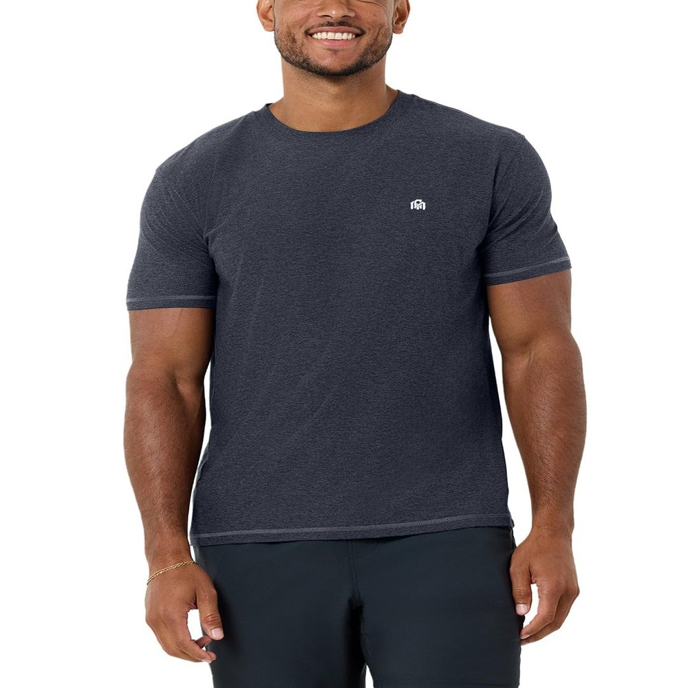INTO THE AM Athletic Workout Shirts for Men Fitted Gym Sports Running Fitness Dry Fit Logo Tees (Navy, Small)