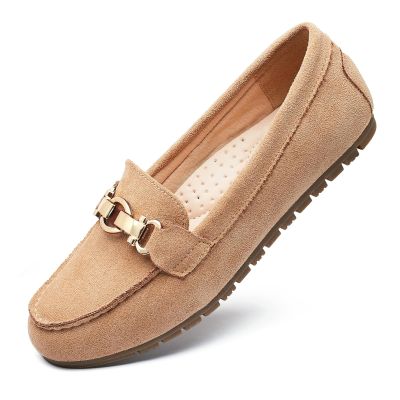 Cvistpieo Loafers for Women Business Casual Shoes Comfortable & Lightweight Penny Loafers Slip On Work Flats Suede Beige Size 7.5 Wide Width