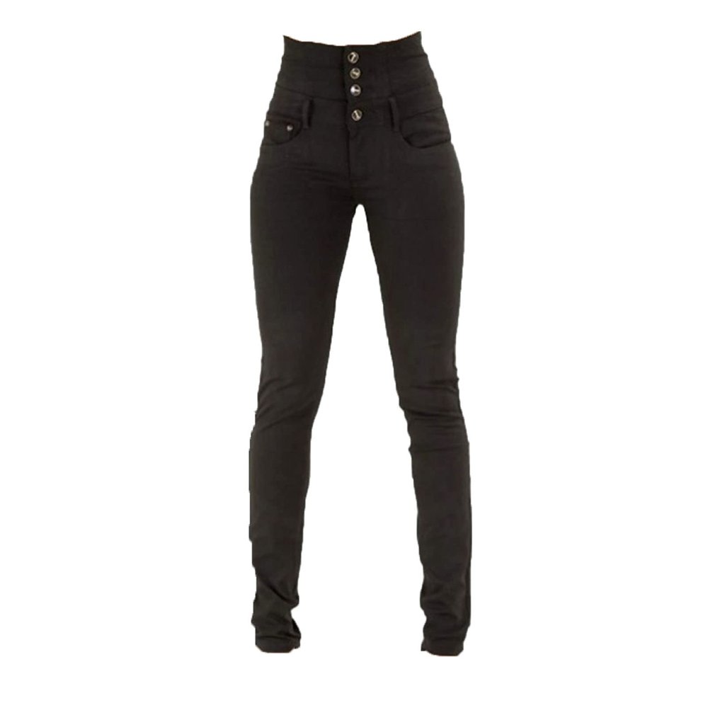 Women High Rise Button Front Skinny Jeans Stretch Classic Casual Slim Fit Denim Pants Butt Lift Tapered Jean Trouser (Black,Medium)