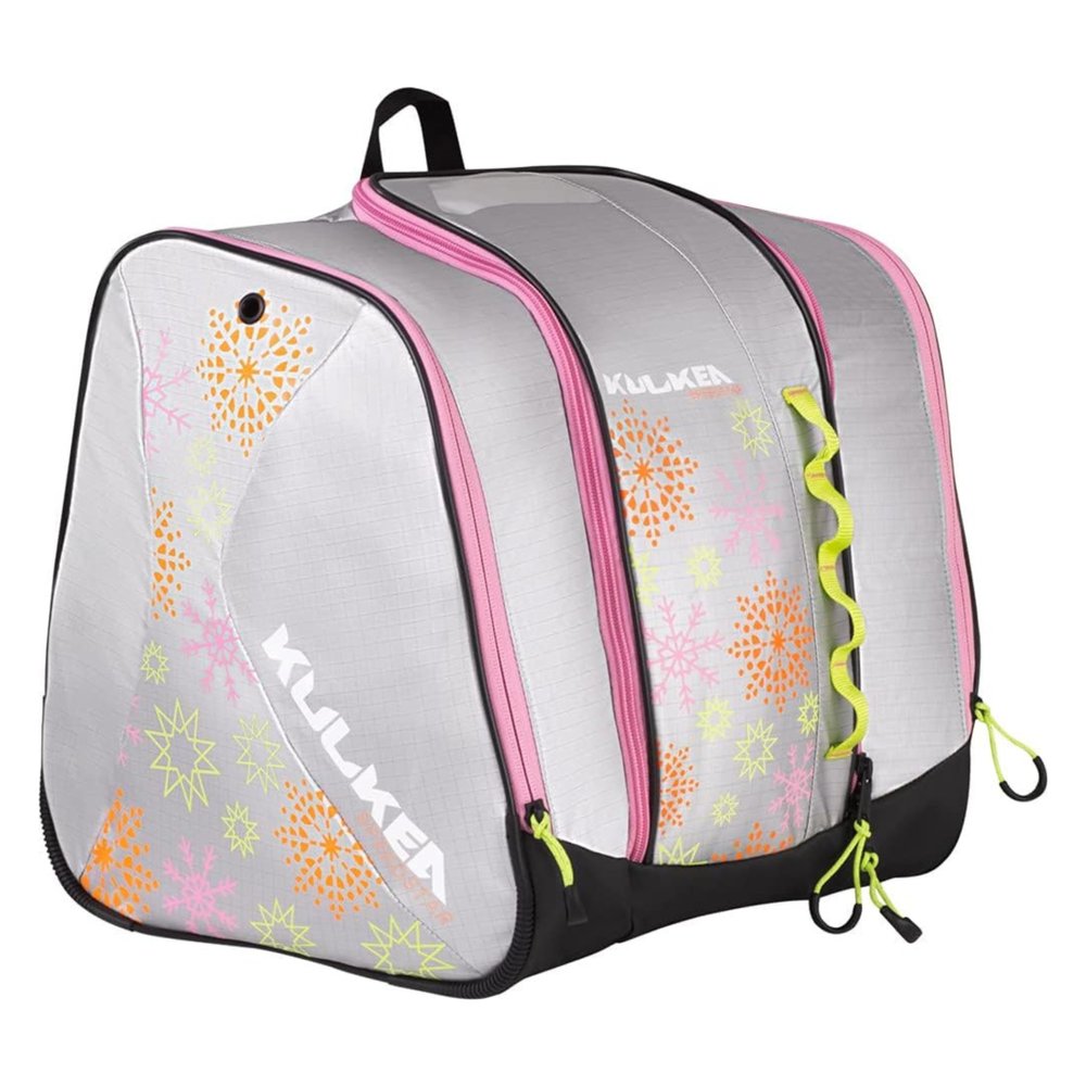 KULKEA Speed Star Kids Ski Boot Backpack - Ski Boot Bag With Open Pack Design For Quick Gear & Boot Storage - Durable, Spacious, & Water Resistant Backpack (Silver/Pink/Lime/Tangerine)