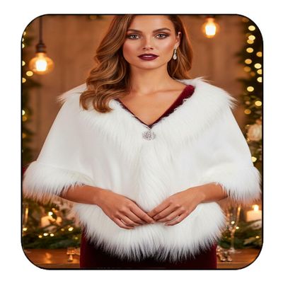 Aukmla Wedding Faux Fur Shawls and Wraps Bridal Fur Coat Winter Cape Stole with Rhinestones Brooch for Brides and Women (White)