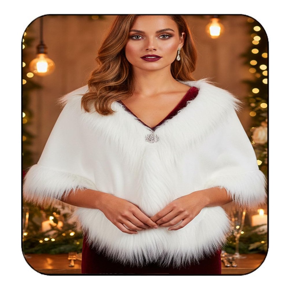 Aukmla Wedding Faux Fur Shawls and Wraps Bridal Fur Coat Winter Cape Stole with Rhinestones Brooch for Brides and Women (White)