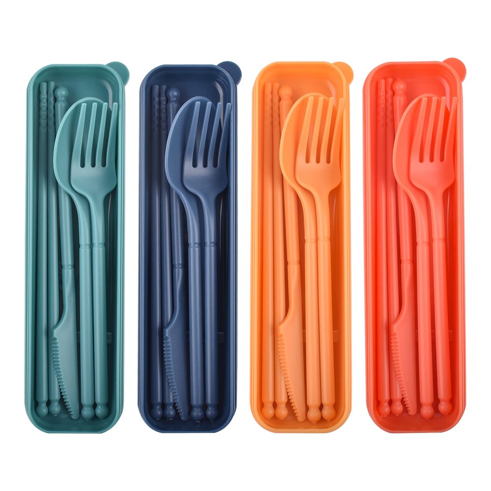 Reusable Utensils Set with Case, 4 Sets Plastic Spoons and Forks Set Plastic Camping Utensil Set, Travel Cutlery Set Lunch Box Accessories for Teens Adults Lunch Box, School or Daily Use