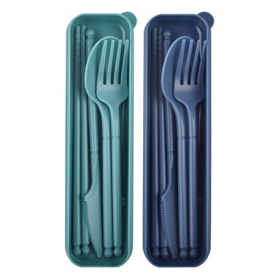 Portable Utensils Set with Case, 2 Sets Camping Travel Utensils Set, Plastic Cutlery Set for Lunch Camping School Picnic Workplace Travel (Blue+Green)