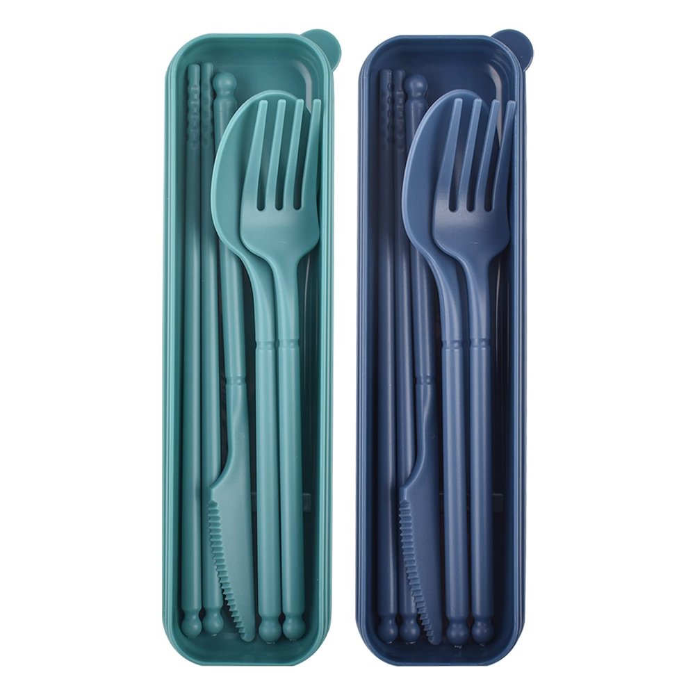 Portable Utensils Set with Case, 2 Sets Camping Travel Utensils Set, Plastic Cutlery Set for Lunch Camping School Picnic Workplace Travel (Blue+Green)