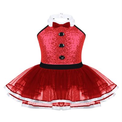 Hansber Girls Sequins Halter Bowtie Texudo Leotard Tutu Dress Ringmaster Circus Show Costume Halloween Christmas Outfit Bowtie Red A 8 Years