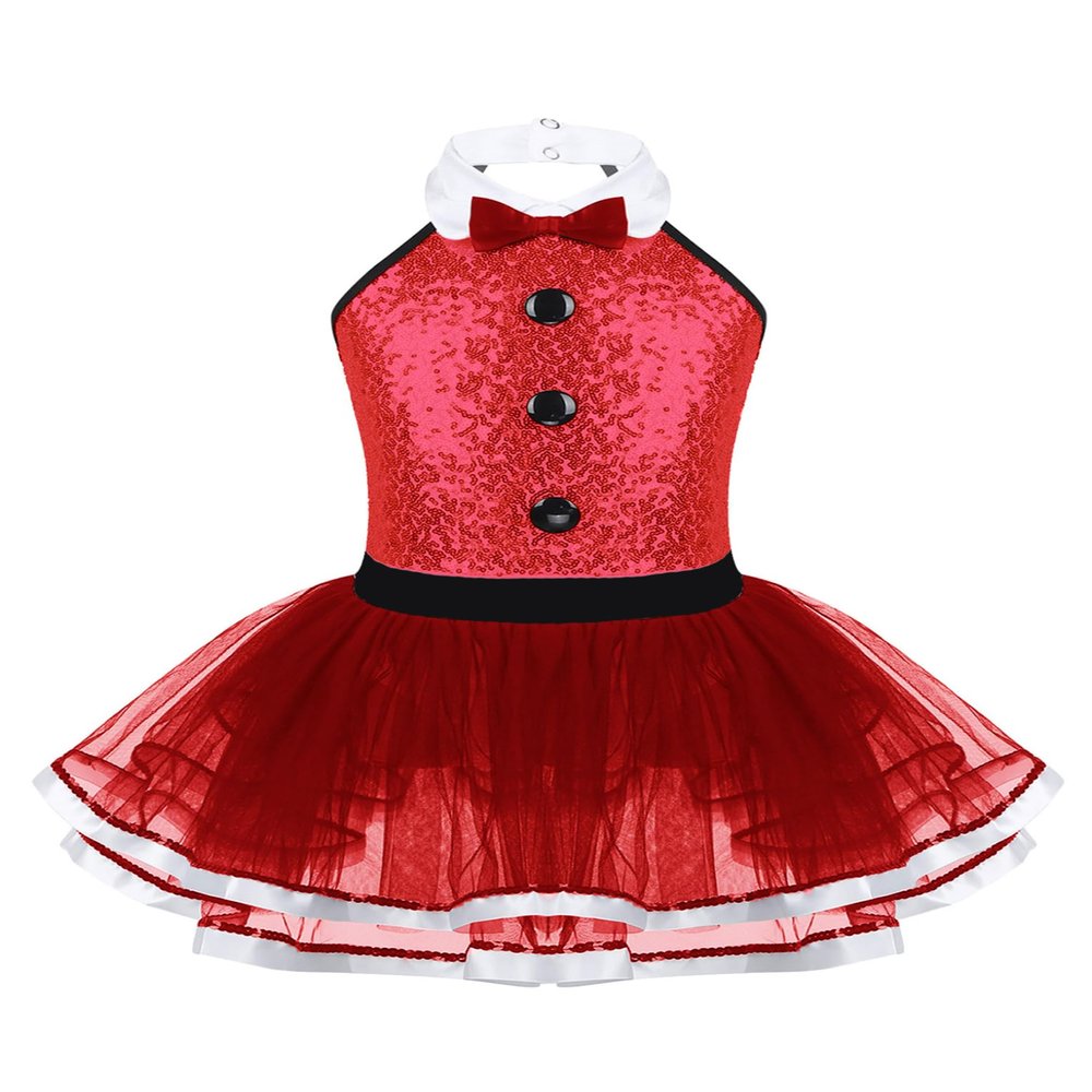 Hansber Girls Sequins Halter Bowtie Texudo Leotard Tutu Dress Ringmaster Circus Show Costume Halloween Christmas Outfit Bowtie Red A 8 Years
