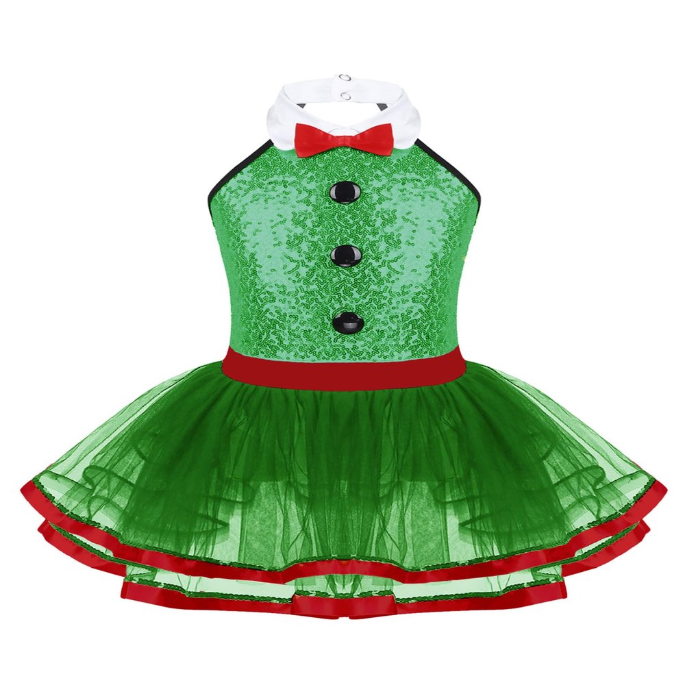 Hansber Girls Sequins Halter Bowtie Texudo Leotard Tutu Dress Ringmaster Circus Show Costume Halloween Christmas Outfit Bowtie Green A 6 Years