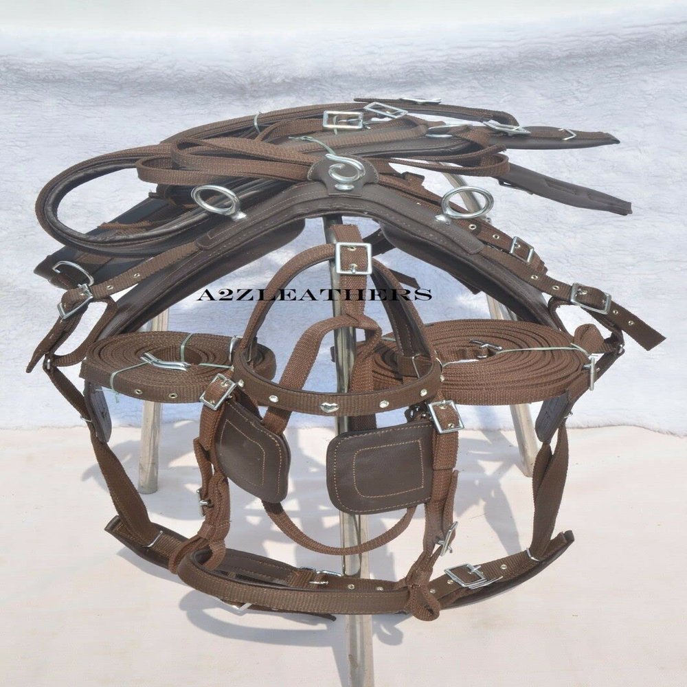 AMAZING HORSE STUFF Nylon Driving Harness for Horse Cart, Heart Shaped Studd & Sparkling Stones on Browband Full, Cob, Pony, Shetland, Mini Brown (Pony)