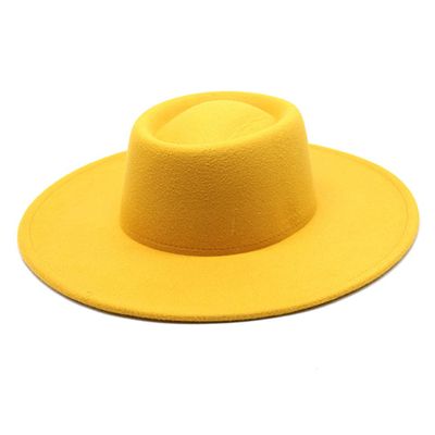 Classic British Style Big Wide Brim Fedora Hat for Women Felt Church Hats Wedding Dress Jazz Cap Yellow 57-59cm