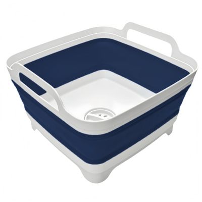 Collapsible Wash Basin 9L, Foldable Dish Tub with Drain Plug, Portable Collapsible Dish Basin, Camping Sink for Washing Dishes, Laundry & Kitchen Use (Navy Blue)