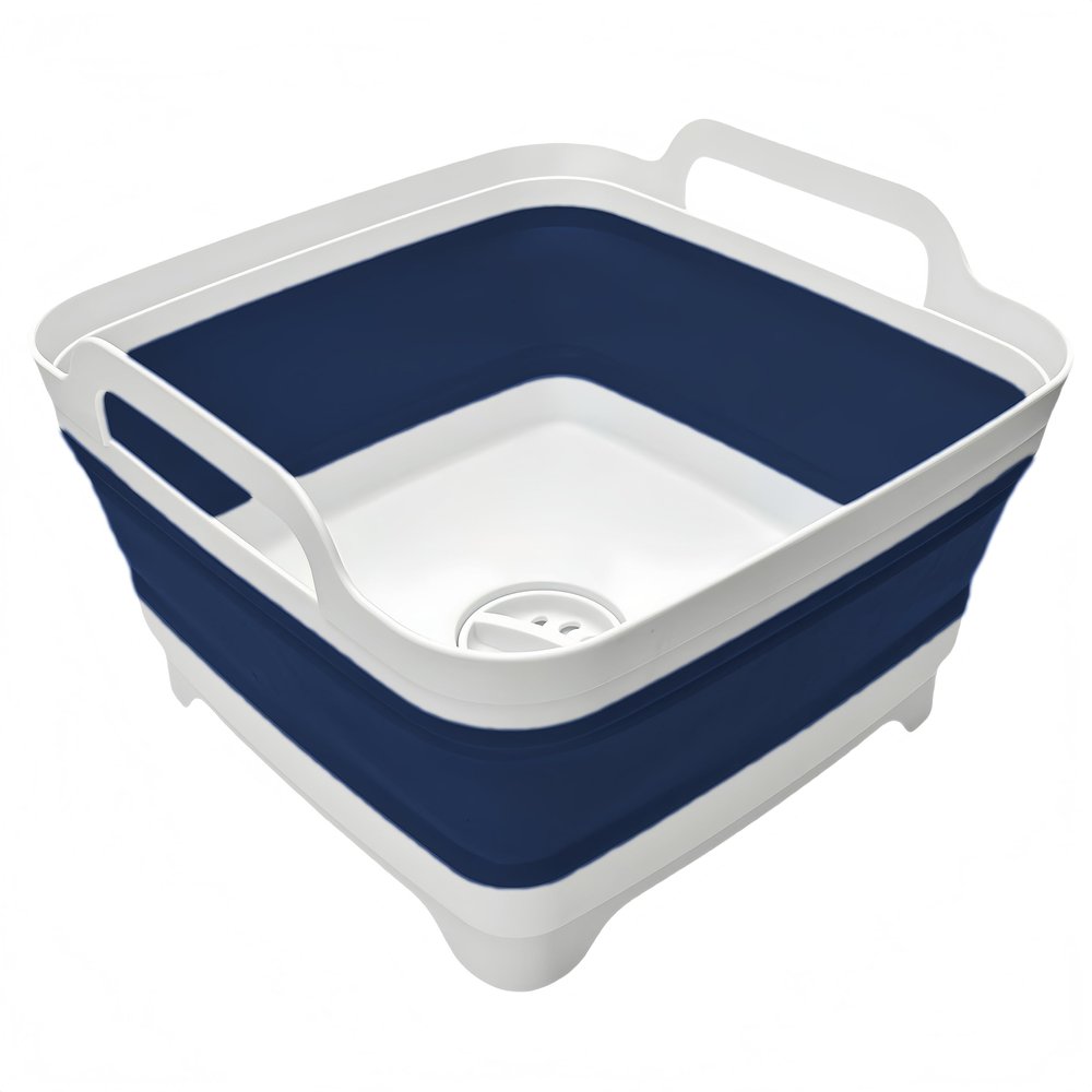 Collapsible Wash Basin 9L, Foldable Dish Tub with Drain Plug, Portable Collapsible Dish Basin, Camping Sink for Washing Dishes, Laundry & Kitchen Use (Navy Blue)