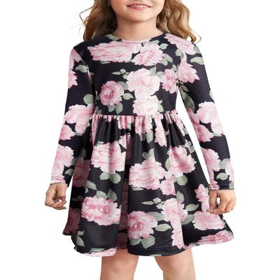 Bonny Billy Girls Long Sleeve Floral Print Flare Skirt Jersey Casual Dress for Kids 4-5 Years Black-1