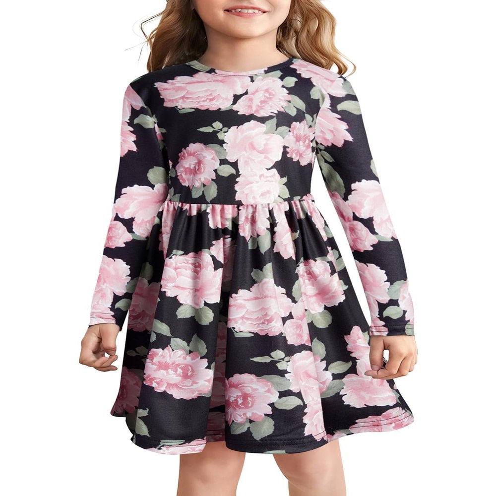 Bonny Billy Girls Long Sleeve Floral Print Flare Skirt Jersey Casual Dress for Kids 4-5 Years Black-1
