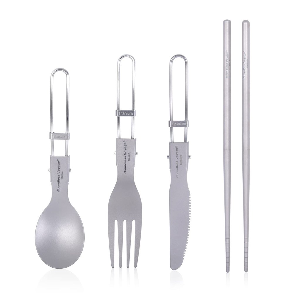 iBasingo Titanium Knife,Spoon,Fork,Chopsticks Portable Lightweight Folding Tableware Set for Home Camping Restaurants A-Ti1123T