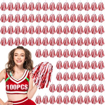 Hanaive 100Pcs Metallic Cheerleading Pom Poms with Baton Handle Cheerleader Pompom Foil 30g Cheering Squad Hand Flowers for Adults Team Spirit Sports Party Cheering(Red and White)