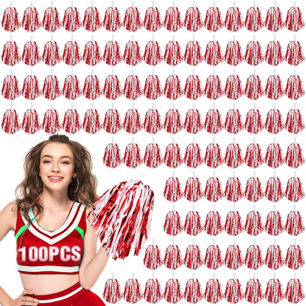 Hanaive 100Pcs Metallic Cheerleading Pom Poms with Baton Handle Cheerleader Pompom Foil 30g Cheering Squad Hand Flowers for Adults Team Spirit Sports Party Cheering(Red and White)