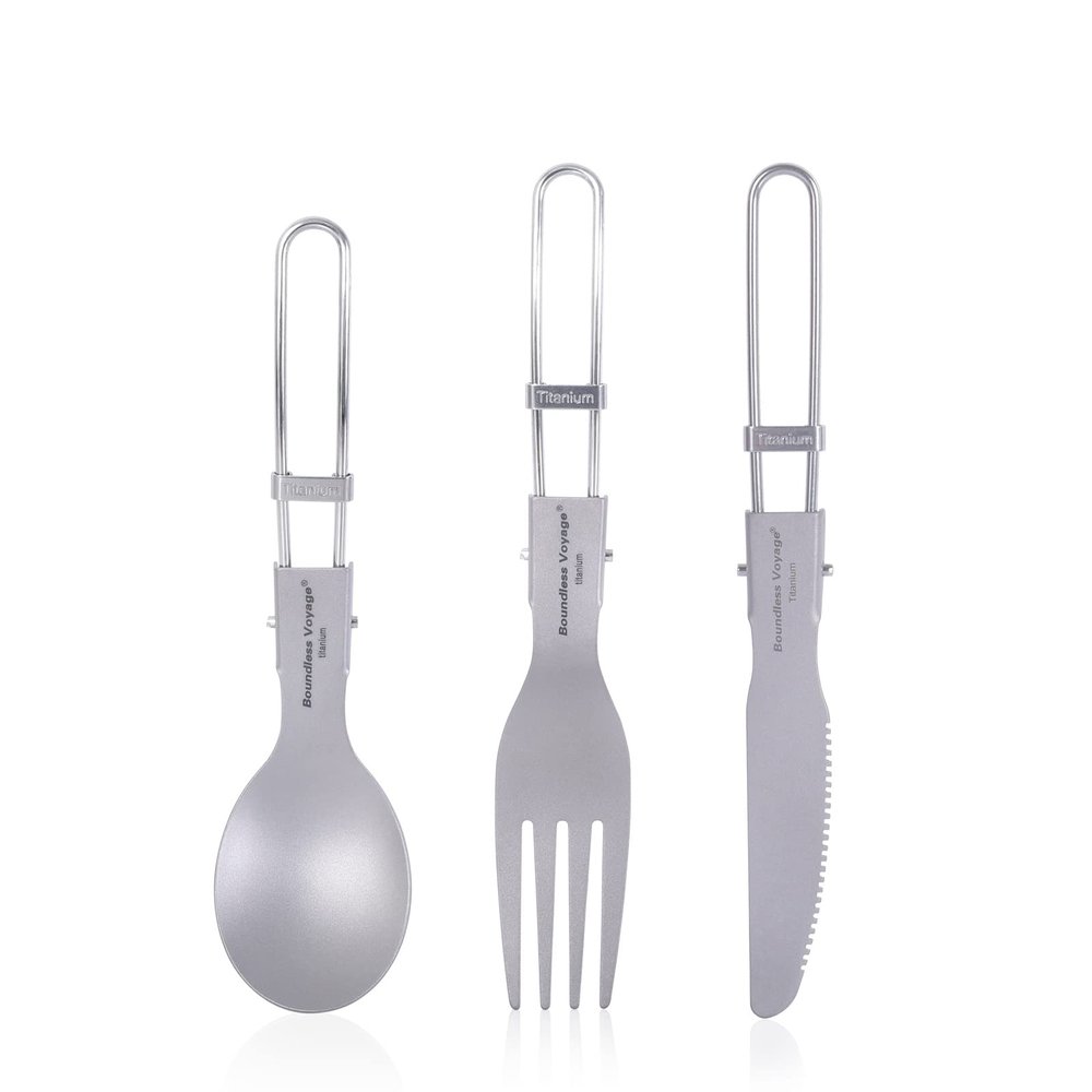 iBasingo Titanium Knife,Spoon,Fork with Foldable Handle Portable Lightweight Tableware Set for Home Camping Restaurants A-Ti1122T
