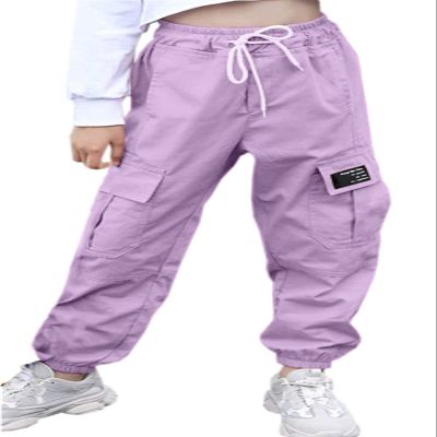 AOWKULAE Little Girls Pants, Drawstring Elastic Waist Lightweight Loose Tapered Cargo Jogger Pants with Multi Pockets for Girl, Light Purple, 7-8 Years = Tag 140