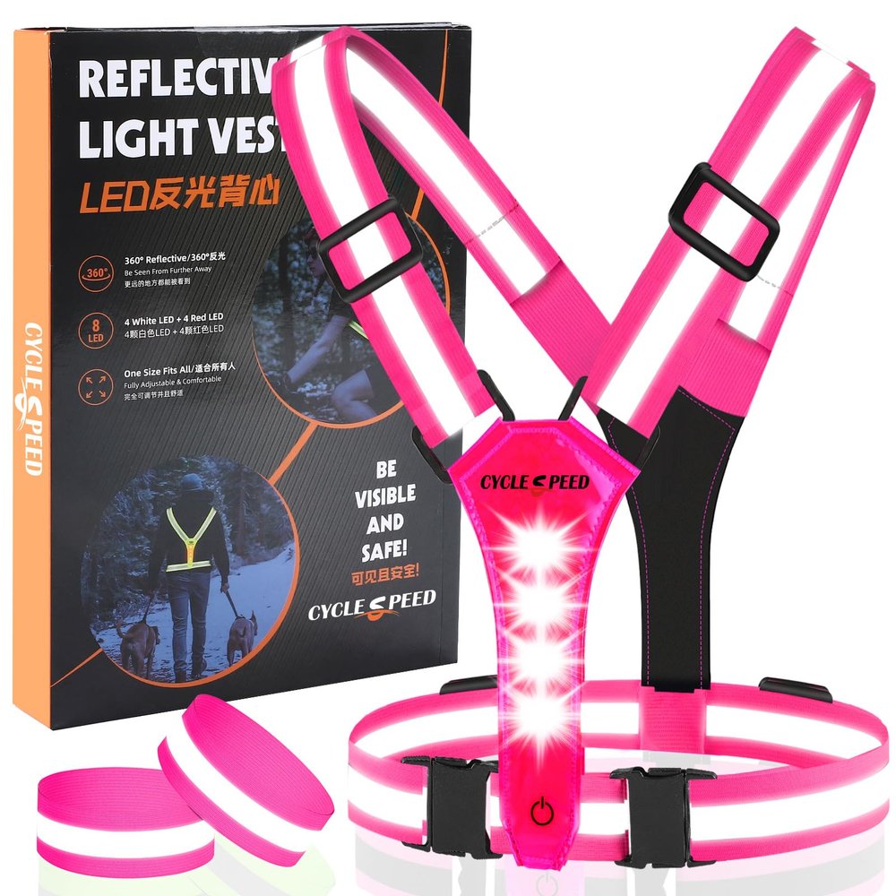 CYCLESPEED Led Reflective Vest Running Gear, Light Up Vest for Night Walking, High Visibility USB Rechargeable Adjustable Running Lights for Runners Walkers Men Women Kids