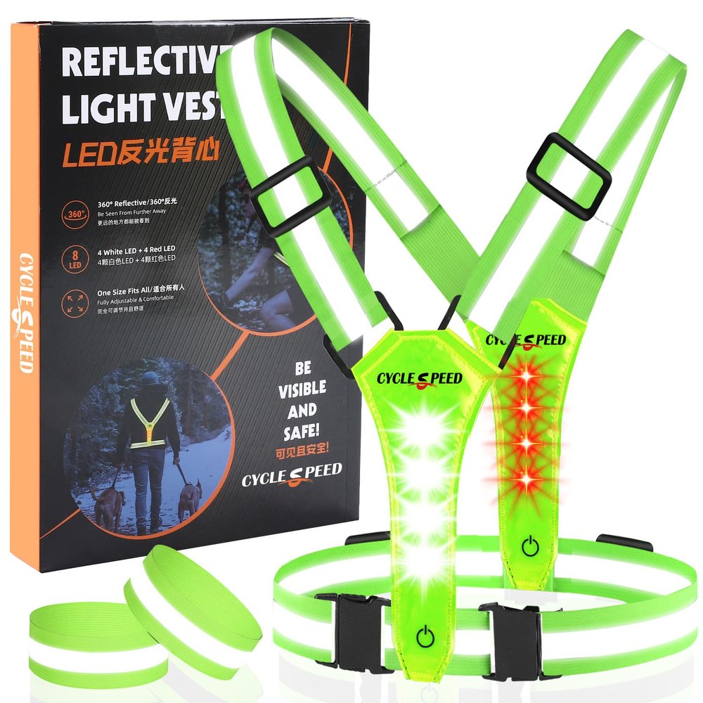 CYCLESPEED Led Reflective Vest Running Gear, Light Up Vest for Night Walking, High Visibility USB Rechargeable Adjustable Running Lights for Runners Walkers Men Women Kids