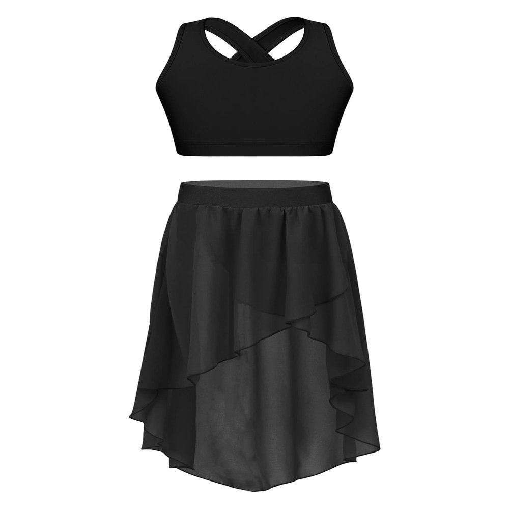 Aislor Kids Girls Lyrical Dance Dress Outfits Crop Top with Irregular Hem Skirts Latin Jazz Modern Dance Costume Type c Black 10 Years
