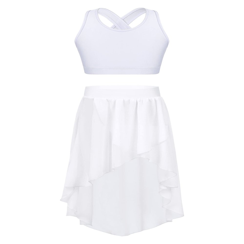 Aislor Kids Girls Lyrical Dance Dress Outfits Crop Top with Irregular Hem Skirts Latin Jazz Modern Dance Costume Type c White 14 Years
