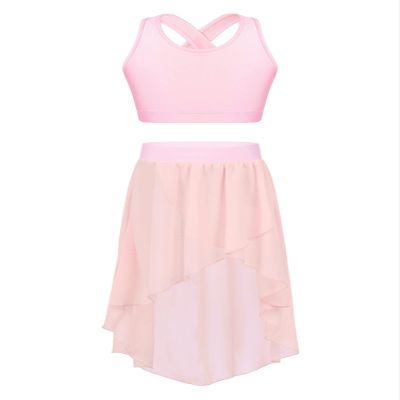 Aislor Kids Girls Lyrical Dance Dress Outfits Crop Top with Irregular Hem Skirts Latin Jazz Modern Dance Costume Type c Pink 12 Years