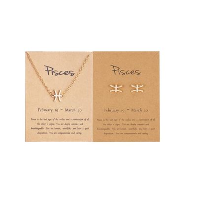 Card Packaging Horoscope Zodiac Stud Earrings Necklace Set 12 Constellation Astrology 18K Gold Plated Little Ear Stud Friendship Exquisite Jewelry Gift for WomenPisces2.19-3.20