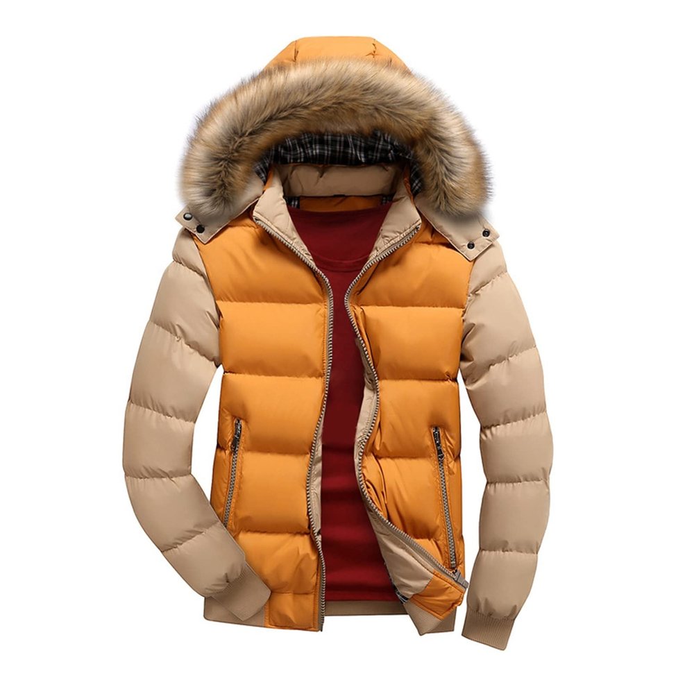 VSOLS Men's Down Jacket Winter Men's Casual Hooded Jacket Warm Coat Men's Solid Thick Down Zipper Jacket (Color : FK047 Yellow Khaki, Size : 3X-Large)
