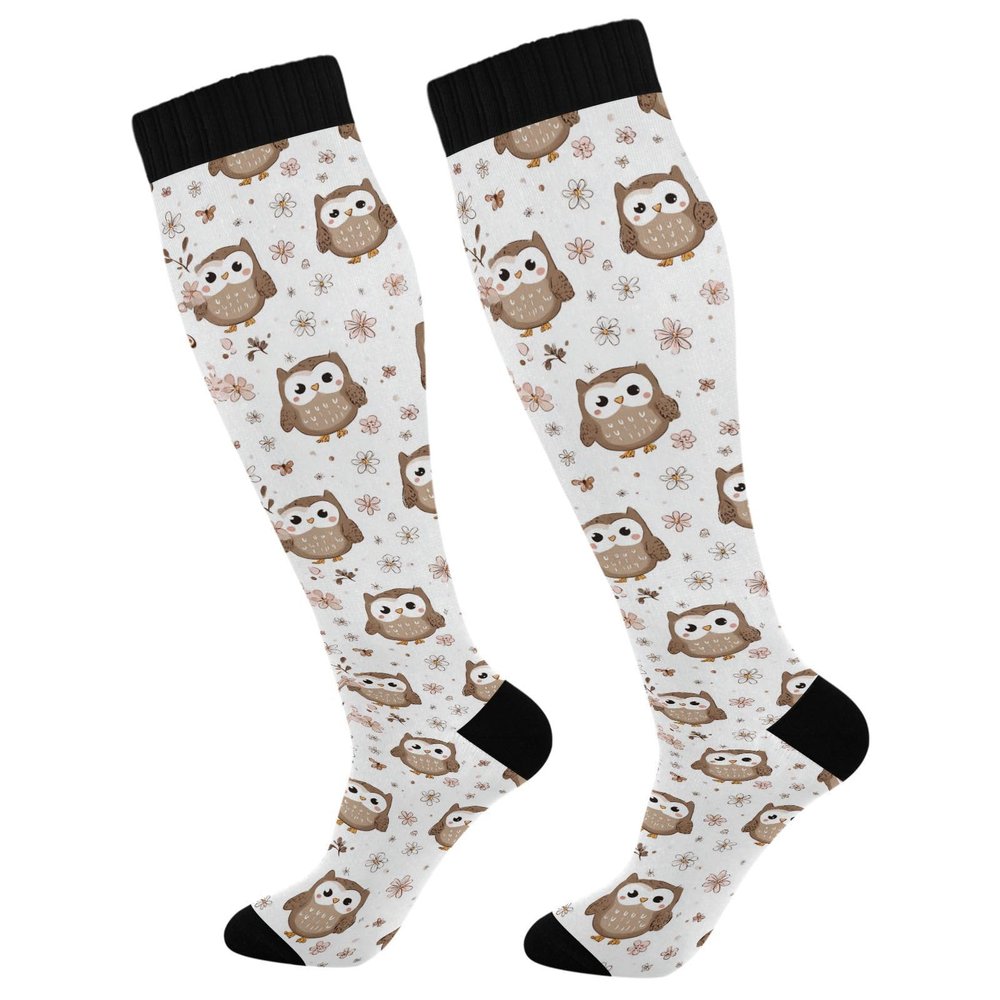 Wusikd Funny Owl Compression Socks for Women and Men Circulation Flower Long Socks for Athletic Running 1