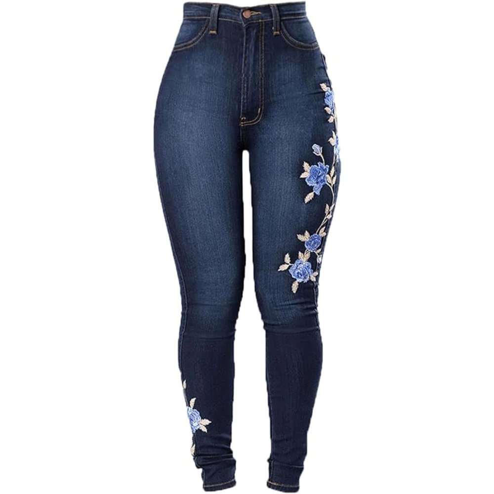 Maiyifu-GJ Women's Floral Embroidered Stretch Jeans High Waist Slim Denim Pants Butt Lifting Skinny Stretch Jean Trouser (Blue,Small)
