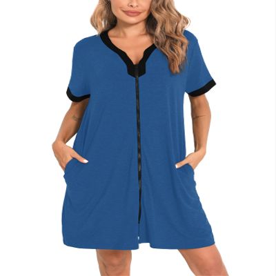 SWOMOG Women Zipper Front House Coat Short Sleeves Robe Zip up Bathrobes Short Nightgown with Pockets S-3XL Navy Small